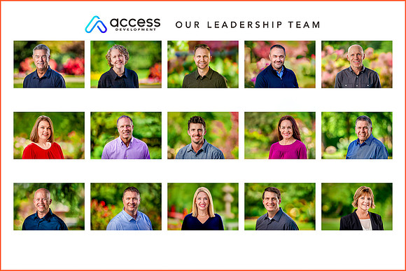 Outdoor portraits of 15 corporate executives in park.