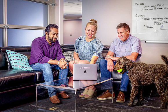 Three employees review data on laptop with dog nearby.