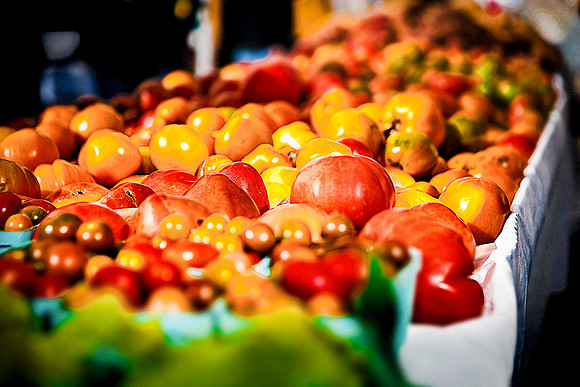 Heirloom tomatoes for sale at Union Square Greenmarket in New York.