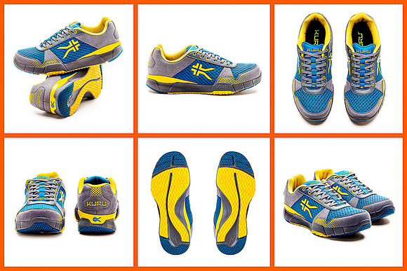 A Kuru Footwear athletic shoe in photographed from six angles.