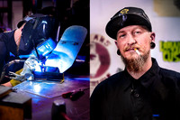Welder in custom motorcycle shop and garage.
